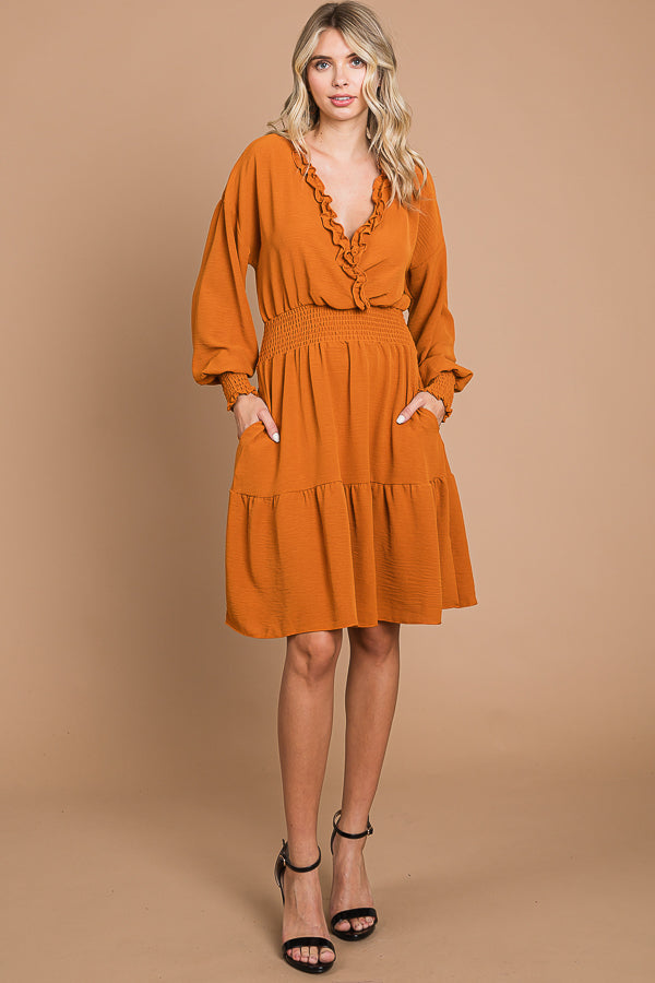 SURPLICE RUFFLE TRIM TIERED DOWN DRESS – Culture Code